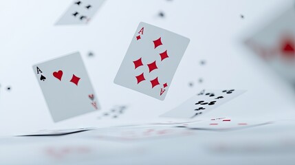 Dynamic shot of playing cards soaring through the air, featuring red suits against a soft backdrop.