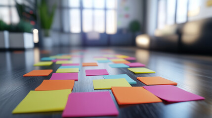 Fototapeta premium Sticky Note Post It Board Office. Business people meeting at office and use post it notes to share idea. Brainstorming concept. Sticky note on glass wall or blackboard. Set of colorful blank notes. 