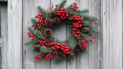 Festive Christmas Wreath with Red Berries and Pine Cones on Rustic Wooden Background for Holiday Decoration