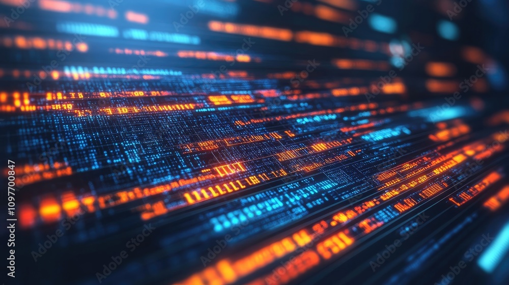 Poster vibrant abstract data stream showcasing glowing blue and orange digital lines moving swiftly through