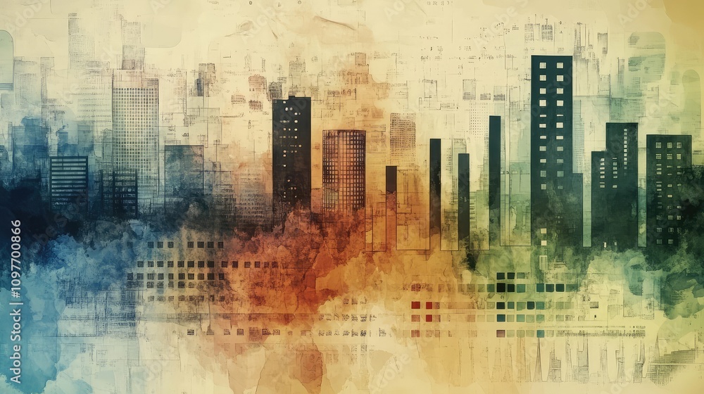 Poster numbers and bar charts blended with watercolor layers, creating a soft yet modern mixed media effect