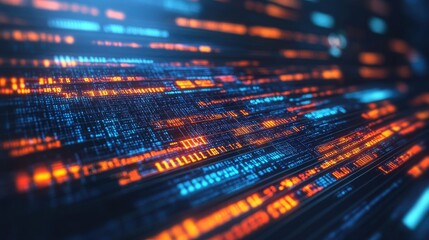 Vibrant abstract data stream showcasing glowing blue and orange digital lines moving swiftly through a cybernetic space.