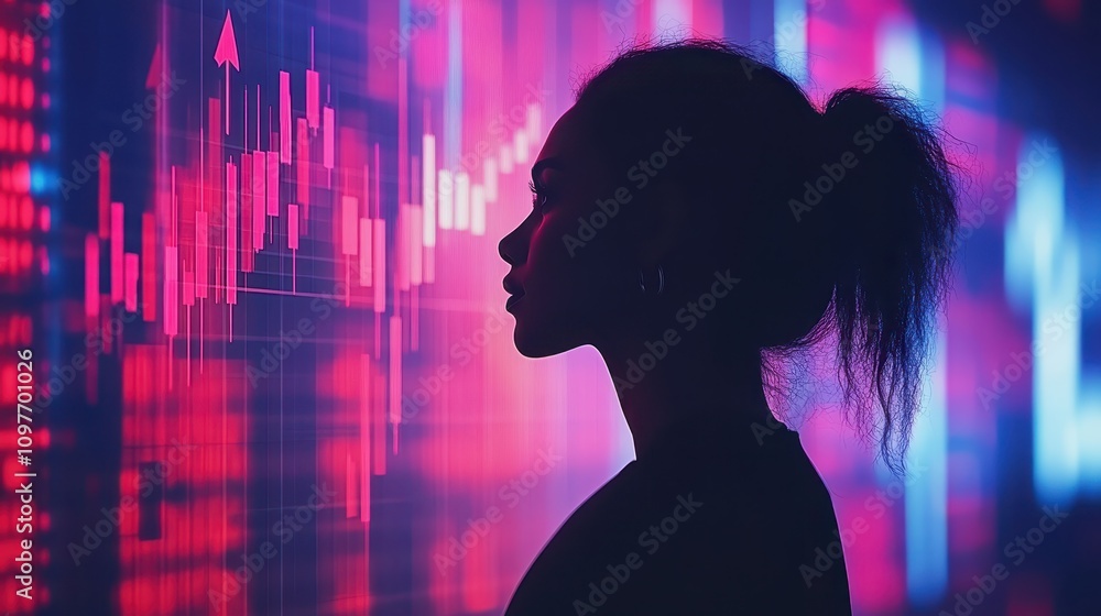 Poster focused businesswoman analyzing stock market charts and graphs on multiple computer screens, making 