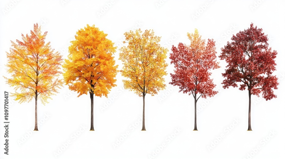 Poster a vibrant array of autumn trees showcasing brilliant yellow and red foliage against a white backgrou