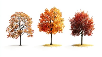 Naklejka premium Three trees showcasing vibrant autumn foliage in shades of yellow, orange, and red against a white background.