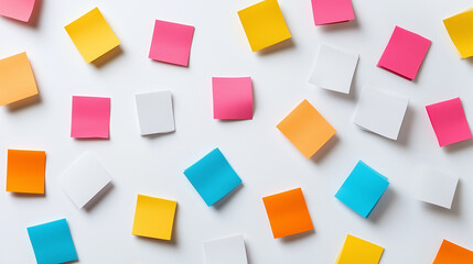 Sticky Note Post It Board Office. Business people meeting at office and use post it notes to share idea. Brainstorming concept. Sticky note on glass wall or blackboard. Set of colorful blank notes.	
