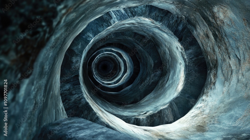 Poster an abstract view of a spiraling tunnel, showcasing shades of gray and blue, creating a mesmerizing, 
