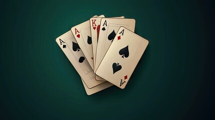 Obraz premium A hand of playing cards featuring four Aces of spades, set against a dark green background.