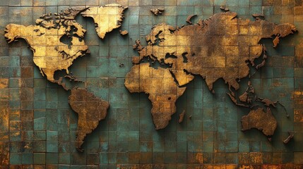 Artistic world map in gold and turquoise tones, featuring intricate textures and detailed continents.