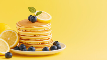 A delicious stack of golden pancakes topped with blueberries and a slice of lemon is displayed against a yellow background, offering a fresh breakfast scene.
