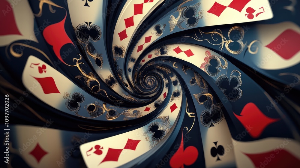 Poster a mesmerizing swirl of playing cards in vibrant colors, creating a dynamic and playful illusion of m
