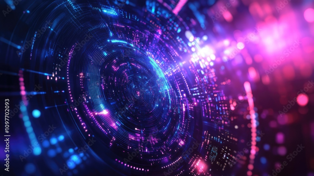 Poster abstract digital background with vibrant pink and blue circular patterns and lights.