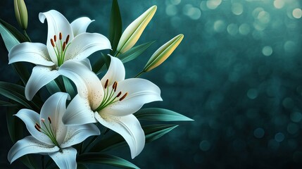 Fototapeta premium A vibrant display of white lilies with lush green leaves, set against a dreamy teal background.