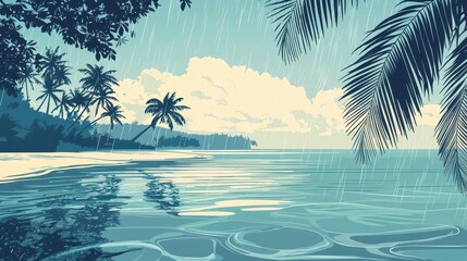 A tranquil beach scene featuring palm trees, calm waters, and a serene sky, evoking a peaceful, tropical atmosphere.