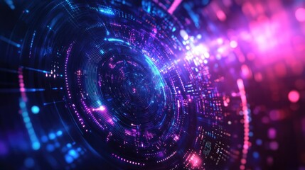 Abstract digital background with vibrant pink and blue circular patterns and lights.