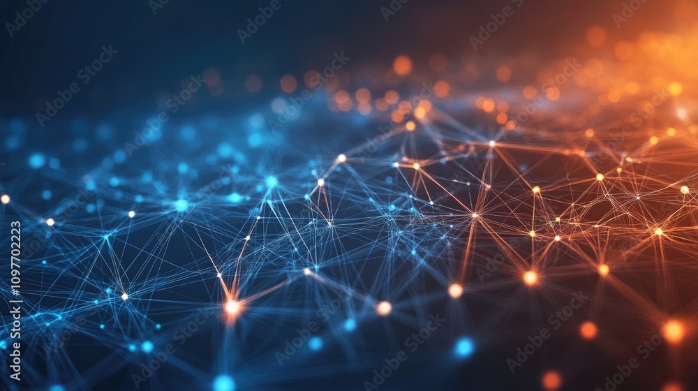Poster a captivating abstract representation of interconnected nodes in blue and orange tones, conveying a 