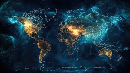 A vibrant portrayal of the world map, illuminated with glowing blue and golden lines representing connectivity.