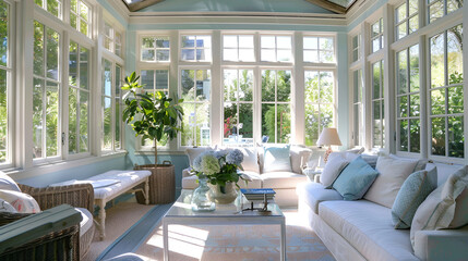a sunroom with lavender walls and sky blue sofa