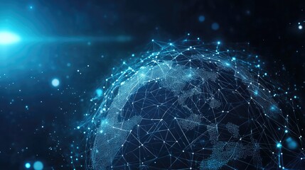 A digital globe illuminated by a network of glowing blue lines, symbolizing global connectivity and technology.