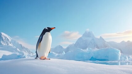 Fototapeta premium A penguin stands on a snowy mountain top
