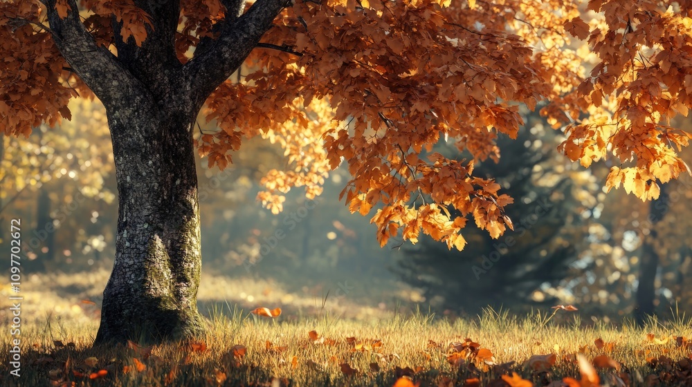 Poster a serene autumn scene with a tree displaying vibrant orange leaves, illuminated by warm sunlight fil