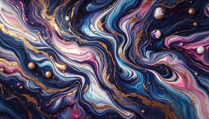 Abstract Swirling Paint with Gold Accents and Spheres