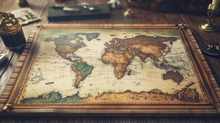 Naklejka premium Vintage world map on a wooden table, showcasing intricate details and rich colors, perfect for travel enthusiasts.