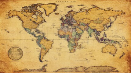 Fototapeta premium A vintage world map with intricate details, featuring various countries colored in earthy tones.