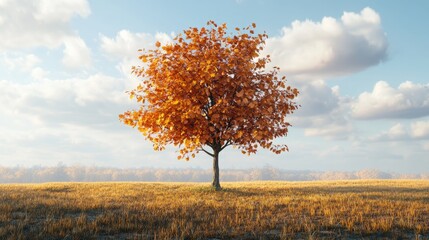 A solitary tree adorned with vibrant orange leaves stands proudly in a golden field under a blue sky with fluffy clouds.
