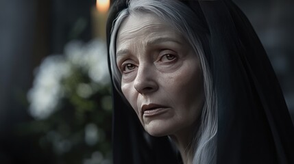 Naklejka premium A somber elderly woman with long gray hair, wearing a dark veil, gazes thoughtfully with deep lines of wisdom on her face.