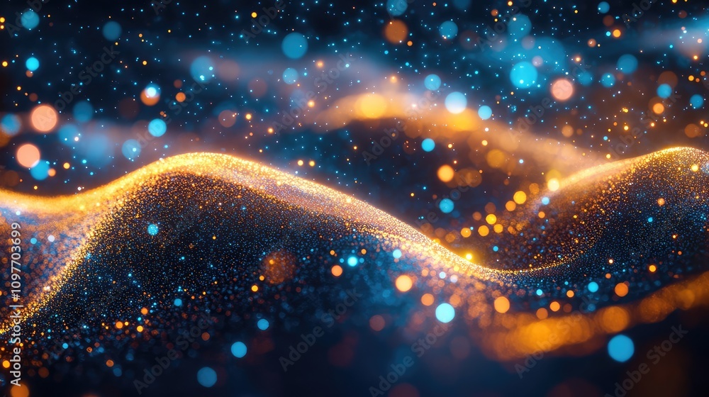Poster particles swirling in an abstract wave pattern, with a neon glow effect symbolizing digital motion