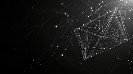 Abstract dark background with glowing white lines and dots forming geometric shapes.