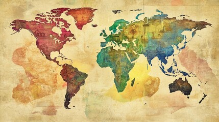 Colorful world map illustration with artistic details, showcasing global diversity and culture.