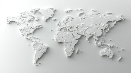 A textured, white relief map of the world, showcasing intricate landforms and oceanic outlines against a minimalist background.