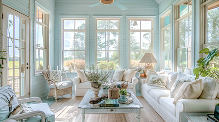 a cozy sky blue sunroom design