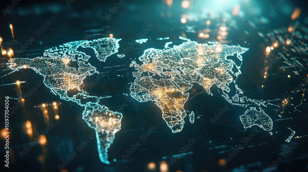Poster futuristic digital world map illuminated by glowing connections and data points.