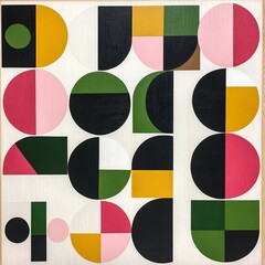 Abstract geometric art with circles, squares, and semicircles in various colors.