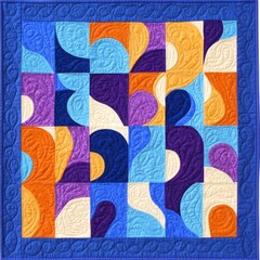 Abstract quilt with geometric shapes and swirls in shades of blue, purple, orange, and cream.