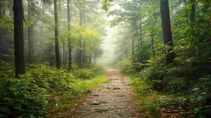Obraz premium Serene Forest Pathway Surrounded by Lush Greenery and Soft Mist, Inviting Peaceful Strolls and Nature Exploration in a Tranquil Environment