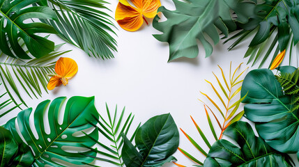 Fototapeta premium Creative layout with colorful tropical leaves on a yellow and blue background. Minimal summer exotic concept with copy space.