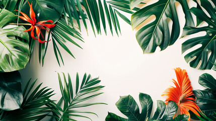 Creative layout with colorful tropical leaves on a yellow and blue background. Minimal summer exotic concept with copy space.