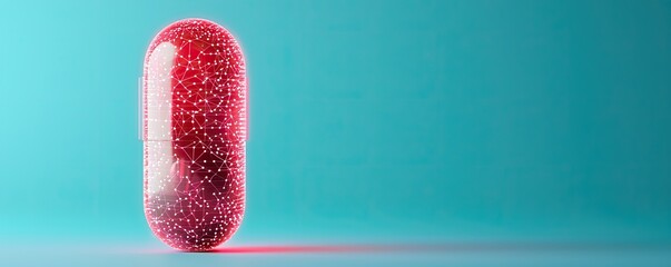 Biotechnology biopharma healthcare concept. A vibrant, oversized red capsule with a textured surface, set against a teal background, creating a modern and artistic feel.