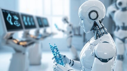 Biotechnology biopharma healthcare concept. A futuristic scene featuring a robot analyzing a blue object, surrounded by screens and other robots in a high-tech environment.