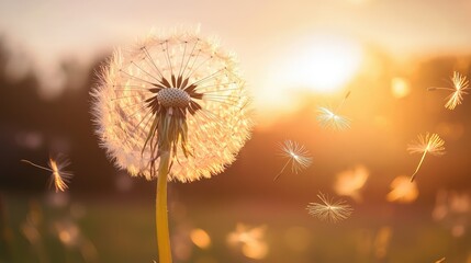 Fototapeta premium Delicate Dandelion Seeds Floating in the Air Against a Warm Sunset Background, Symbolizing Freedom, Nature's Beauty, and the Cycle of Life in a Serene Landscape
