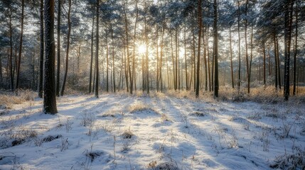 Fototapeta premium Serene Winter Forest Landscape with Sunlight Filtering Through Pine Trees on a Snow-Covered Ground in a Tranquil Natural Setting