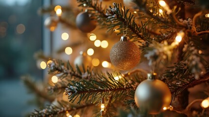 Close-up Christmas Tree, Golden Lights & Ornaments