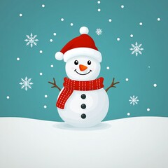 Fototapeta premium Cheerful snowman in red hat and scarf, snow falling.