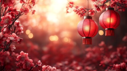 Fototapeta premium Red lanterns, orange and red flowers create a vibrant scene, ideal for Chinese New Year, festive events, or cultural themed designs.