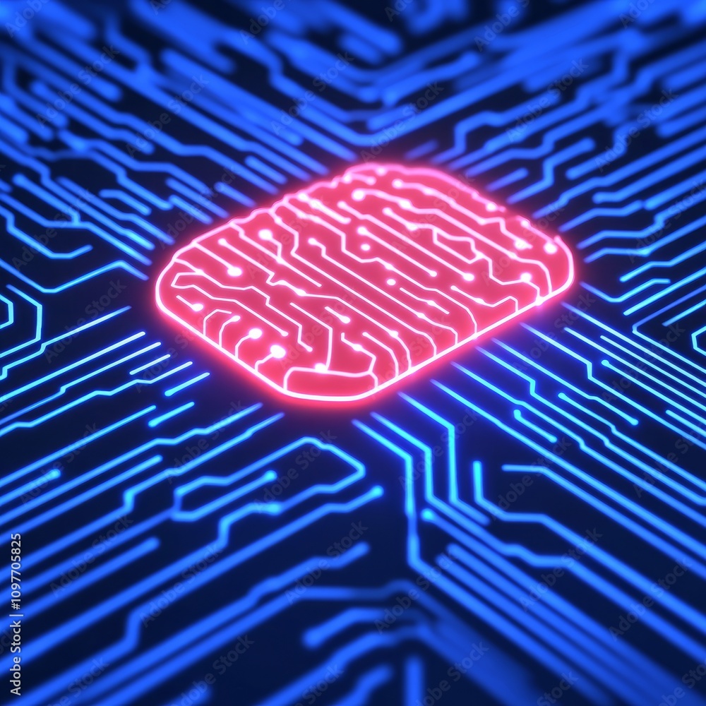 Poster close-up of a glowing red microchip on a circuit board.