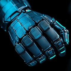 Naklejka premium Close-up of a futuristic robotic hand, metallic blue with glowing cyan accents, clenched fist.